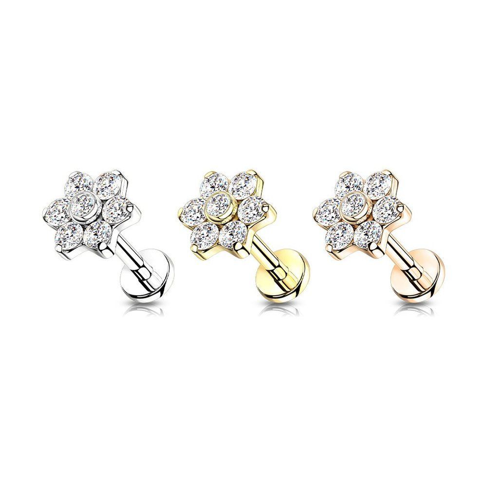 Implant Grade Titanium Internally Threaded Cz Flower Top Labret With Bezel Set C